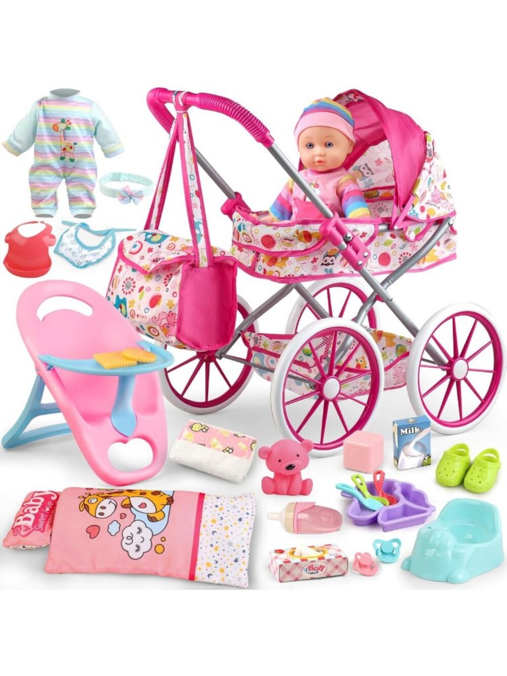 Deluxe Baby Doll Stroller Set with 12.5" Doll, Accessories & Clothing for Kids